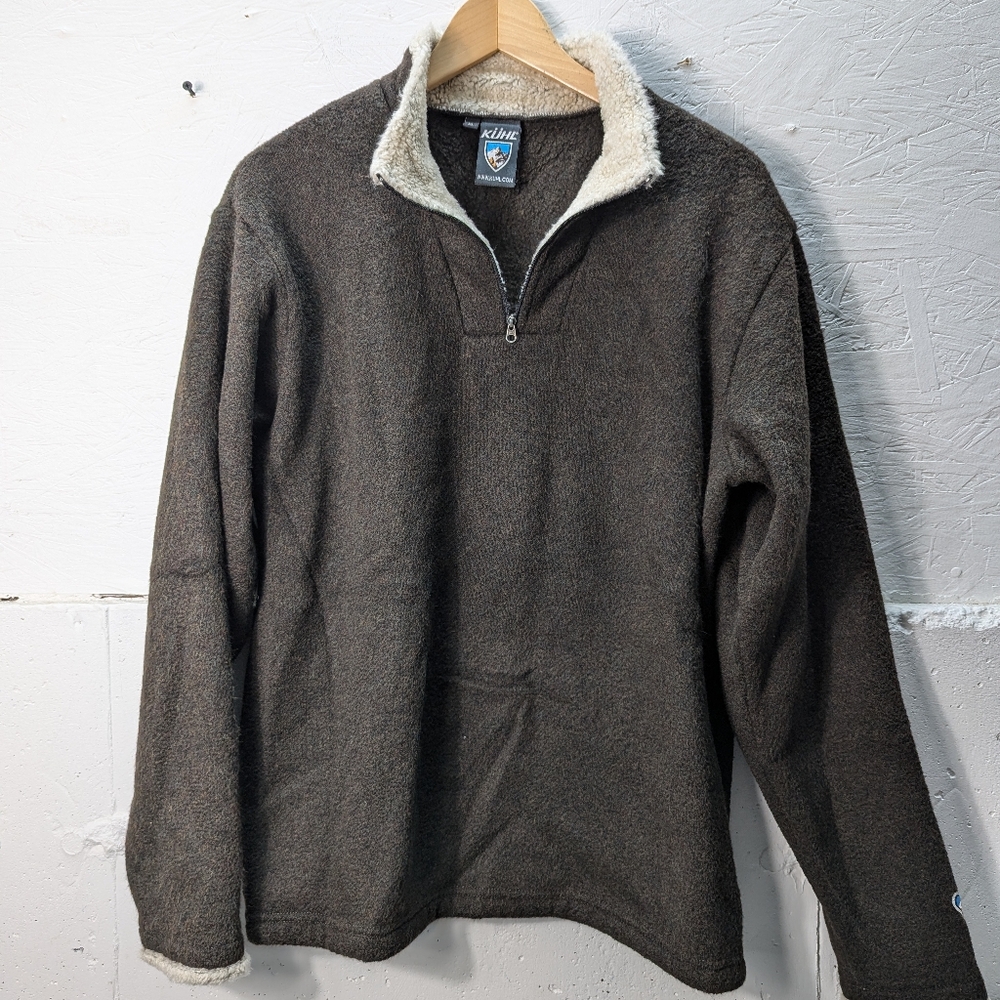 KUHL Alfpaca Sz XL Sweat Heart Logo 1/4 Zip Fleece Jacket  Brown Mock Neck